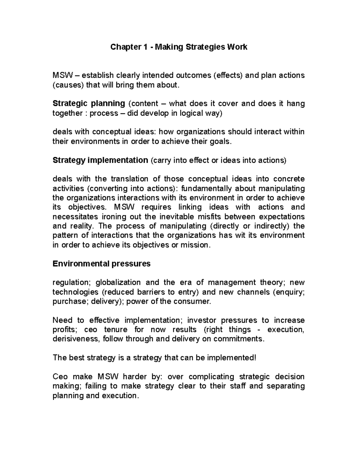 Making Strategies Work Notes - Chapter 1 - Making Strategies Work MSW ...