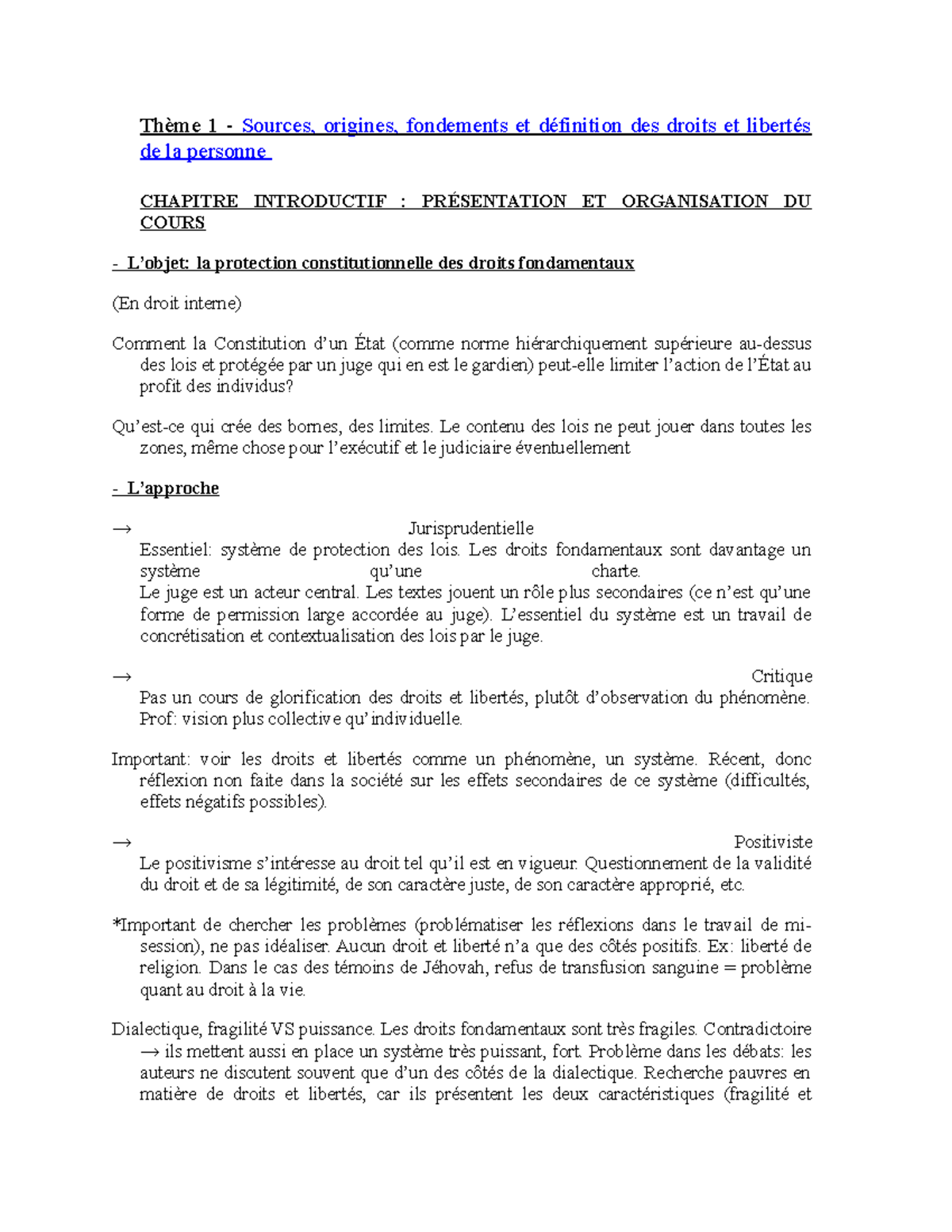 Droit et lib - Notes de cours 1-10 - Thème 1 - Sources, origines ...