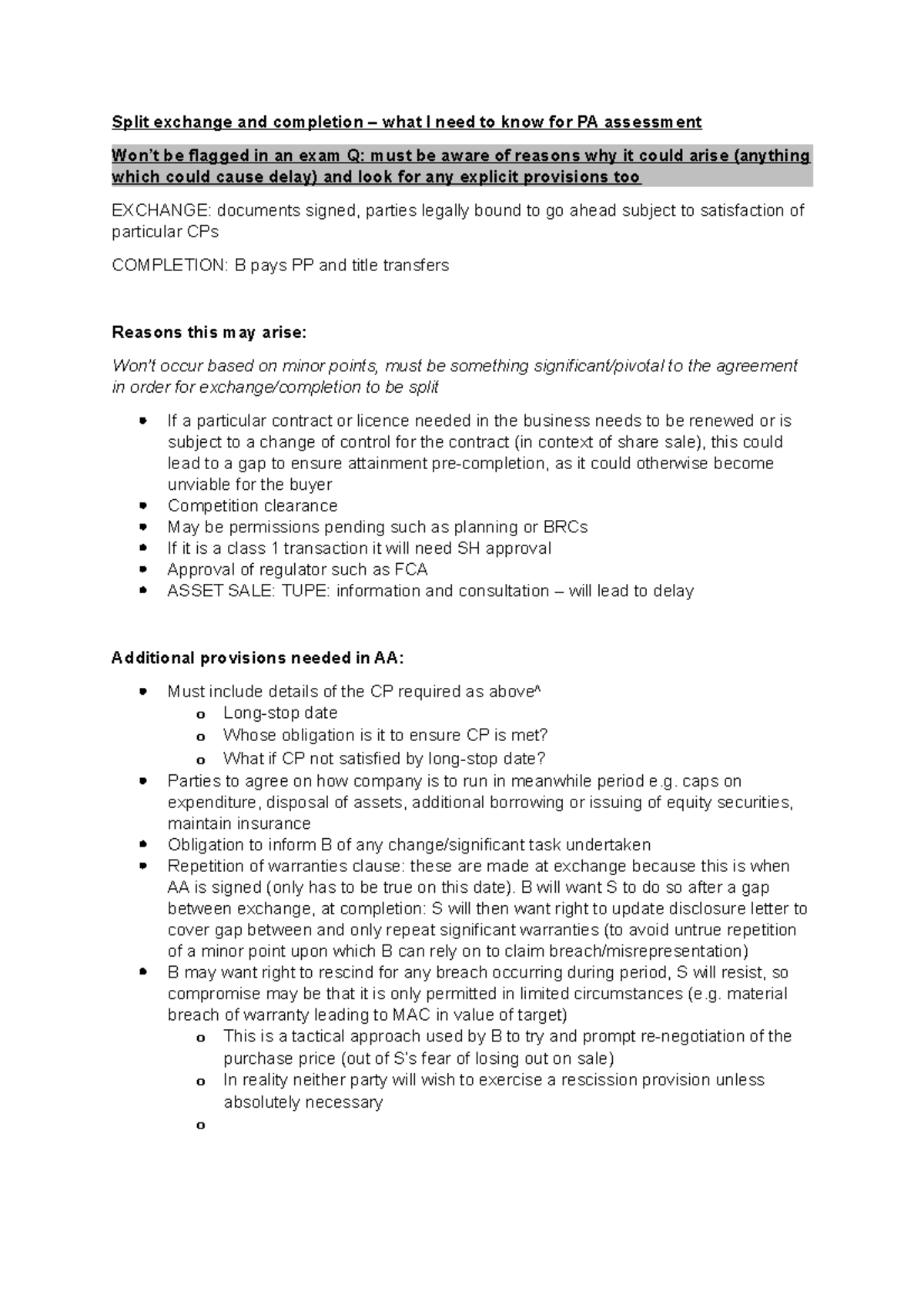 Split exchange and completion caps on expenditure, disposal of assets