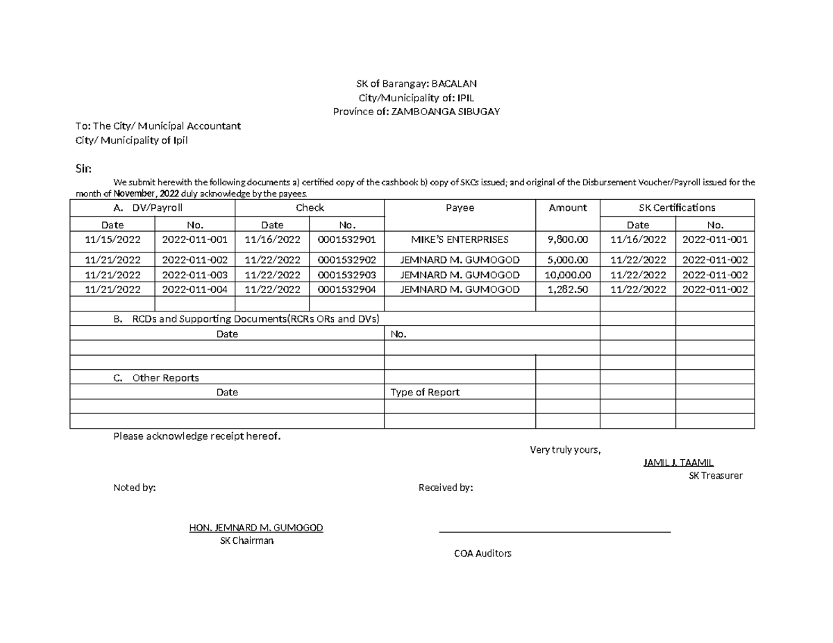 SK BAC. Transmital 2022-2023 - City/Municipality of: IPIL Province of ...