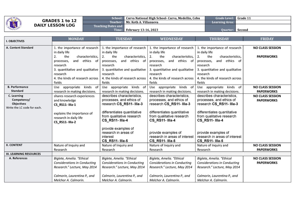 DLL In PR1- Week 1 - Daily Lesson Log - GRADES 1 To 12 DAILY LESSON LOG ...