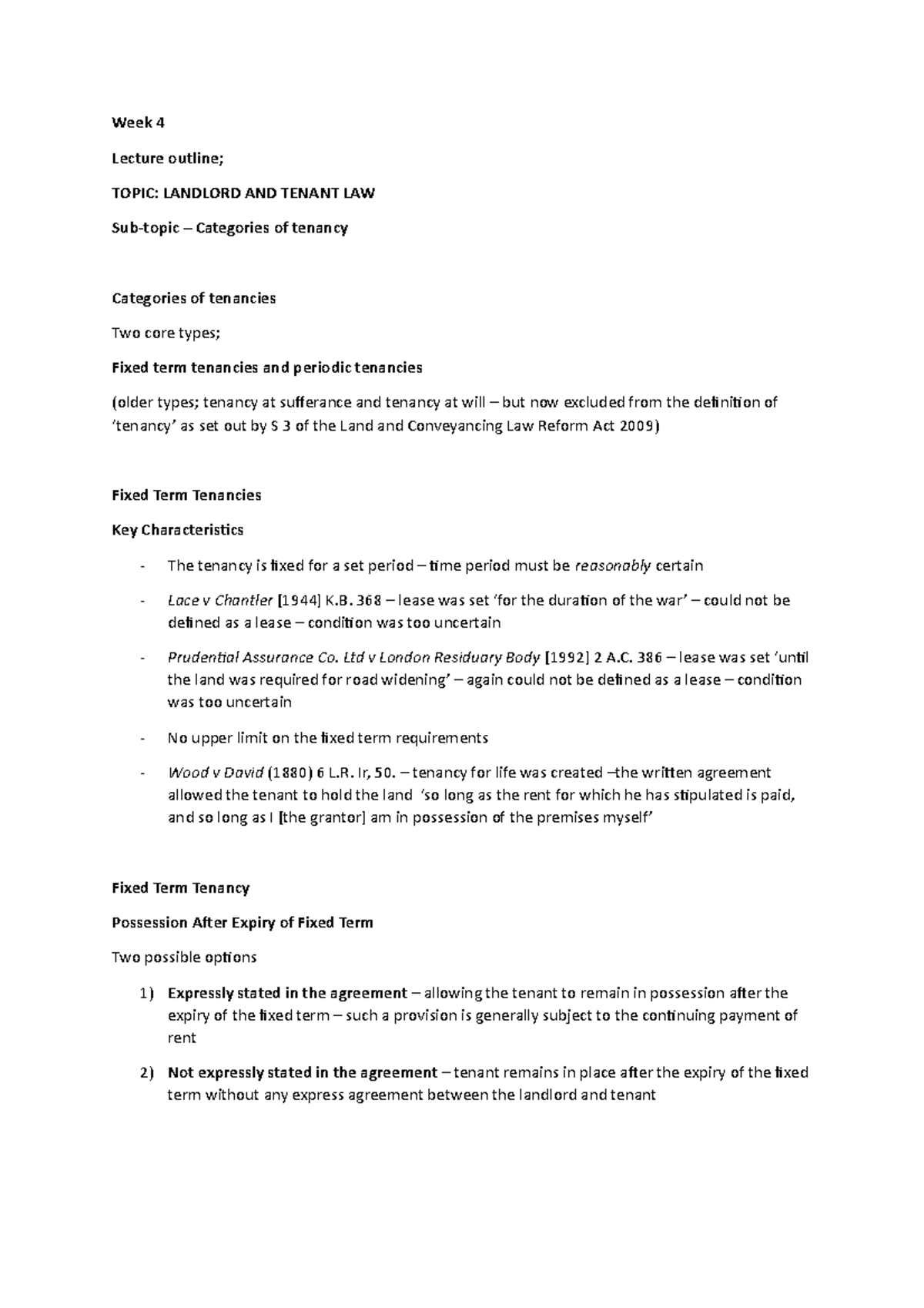 Advanced Property 2023 WEEK 4 Catagories of Tenancys - Week 4 Lecture ...