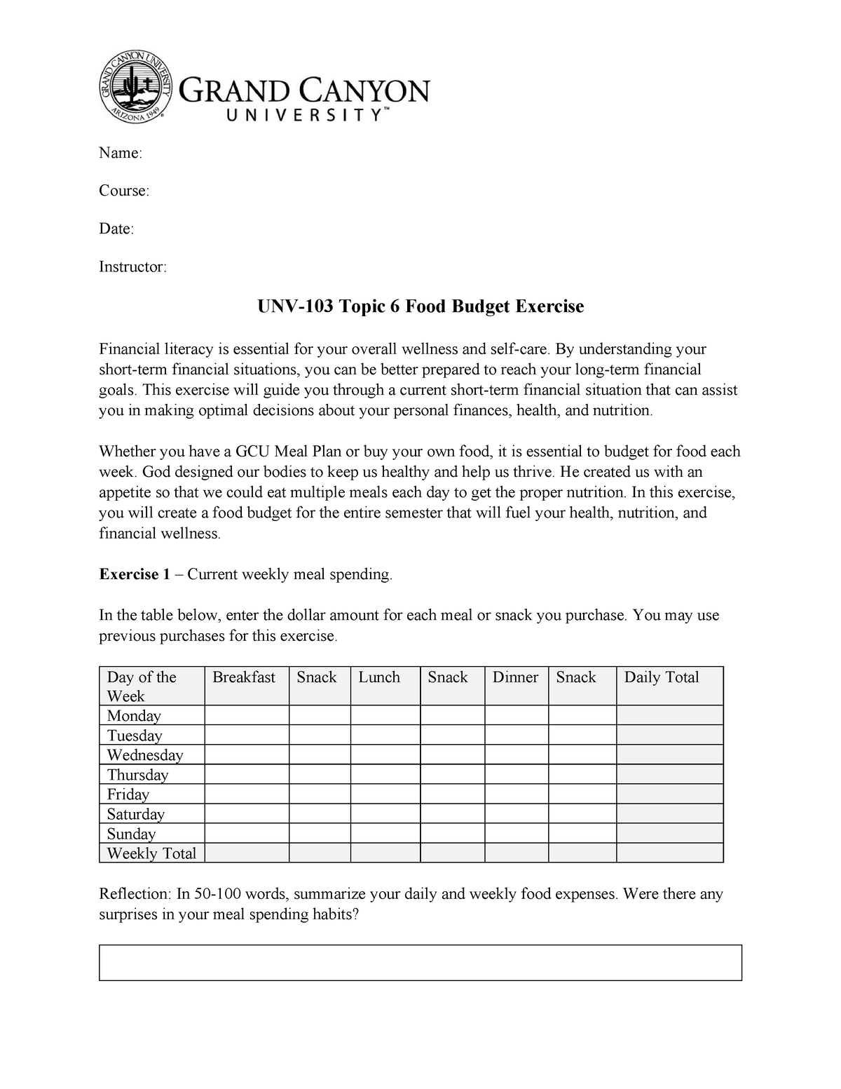 Food Budget By understanding your shortterm financial situations