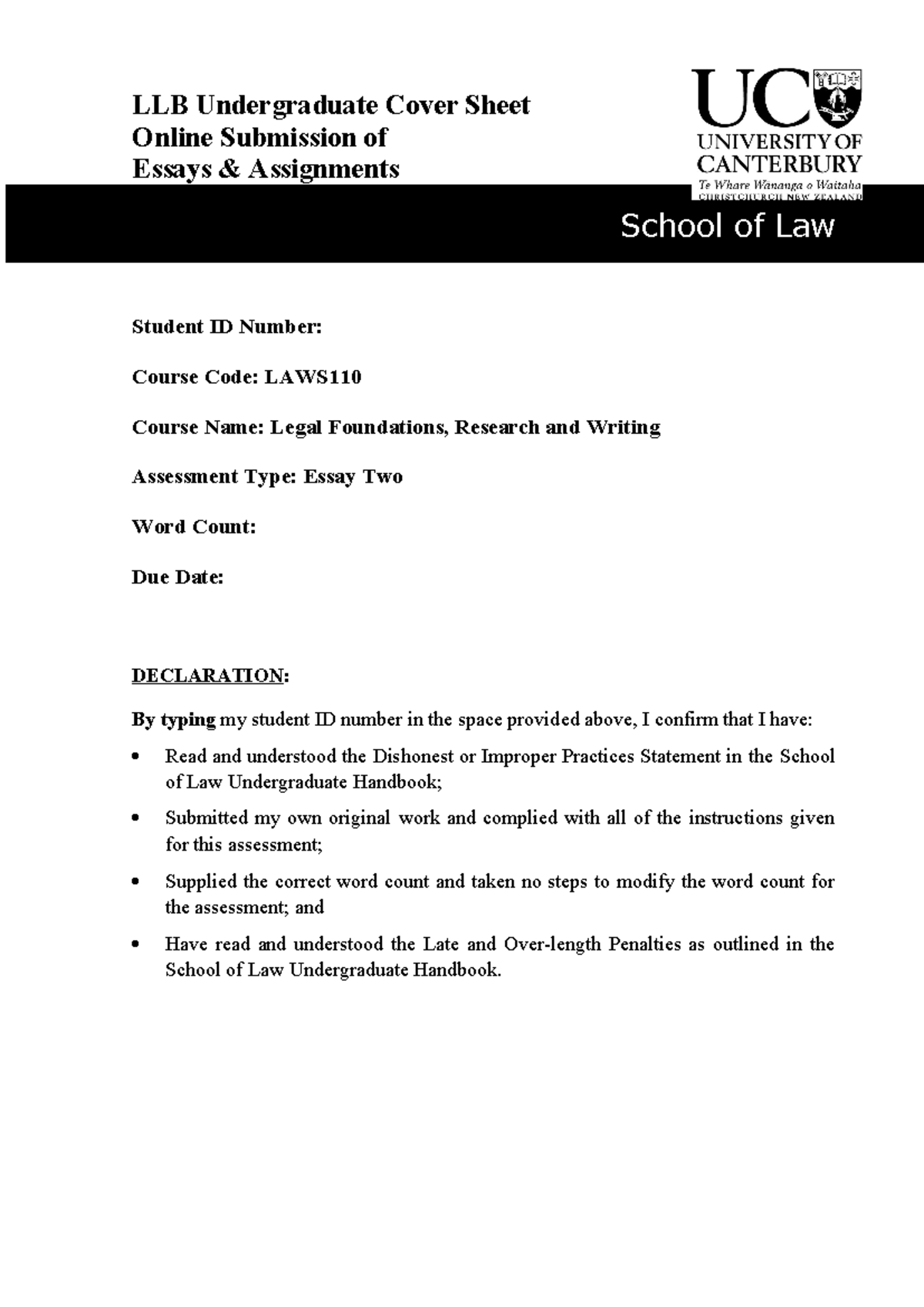 Studoco 110 LAWS Essay Two - LLB Undergraduate Cover Sheet Online ...