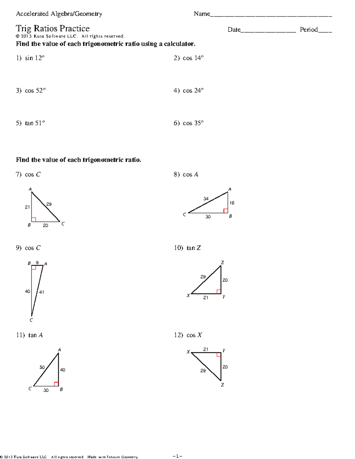 U7 L4 Trig Ratios HW 14 - ©s 62 q 0 H 1 P 3 Z jKeuitSai bSPoff 6 ...