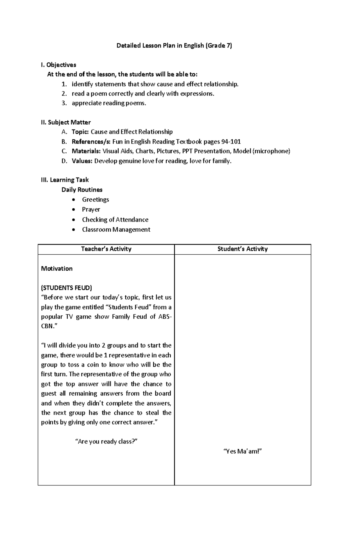 Pdfcoffee Detailed Lesson Plan In English Grade 7 I Objectives At The End Of The Lesson 5761