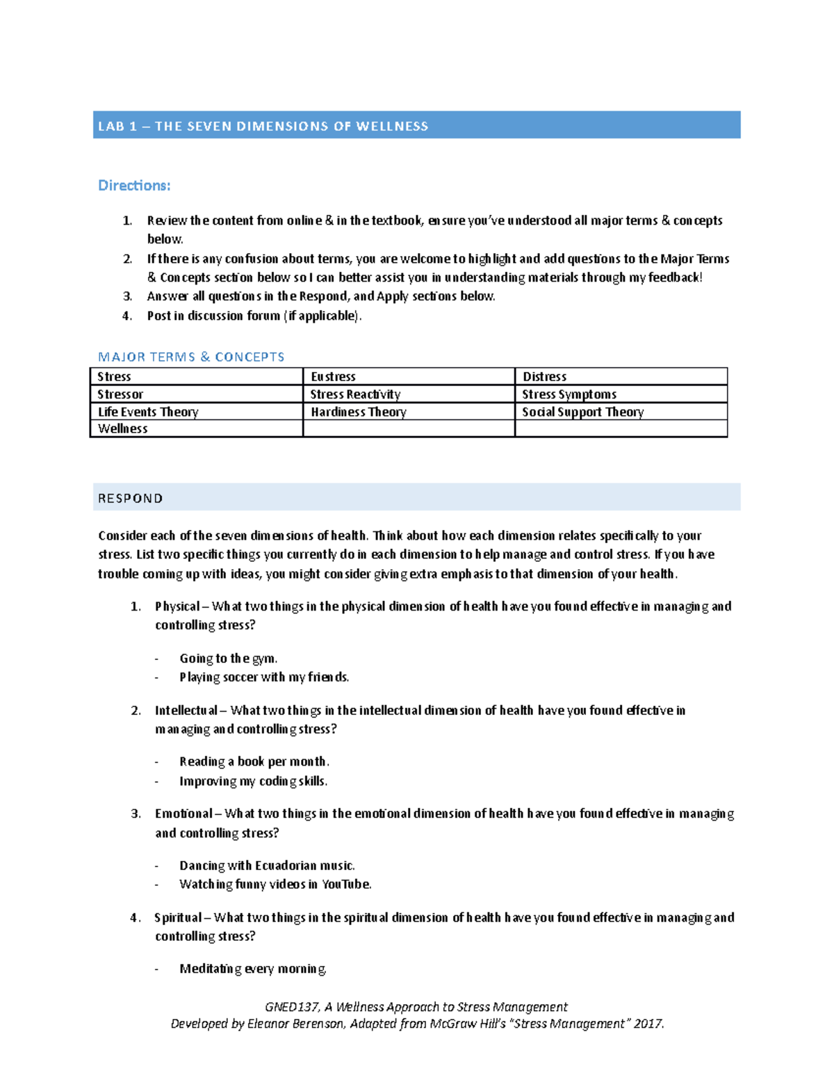 Lab 1 - lab1 - LAB 1 – THE SEVEN DIMENSIONS OF WELLNESS Directions ...