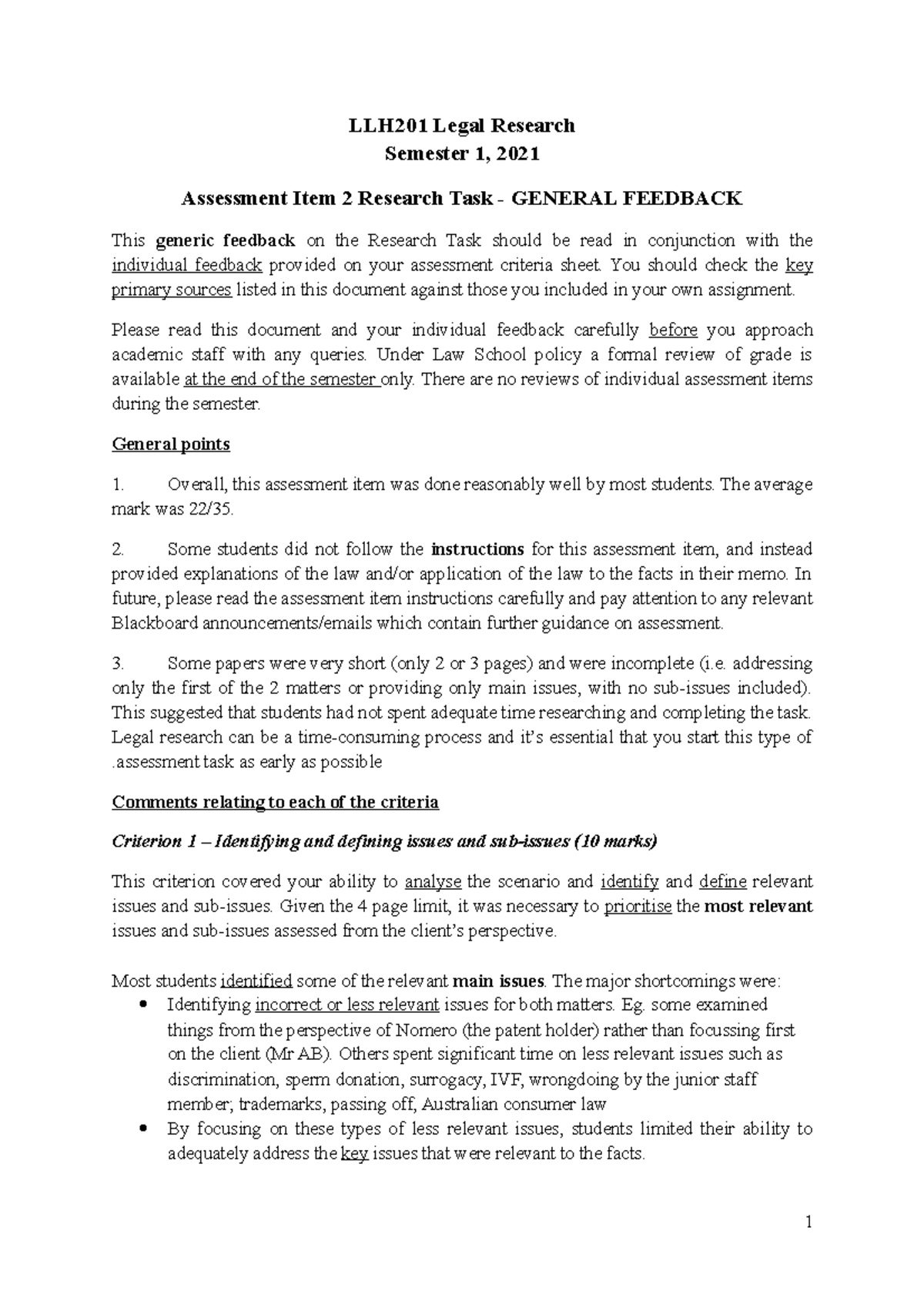 LLH201 Task 1 General Feedback 2021 - LLH201 Legal Research Semester 1 ...