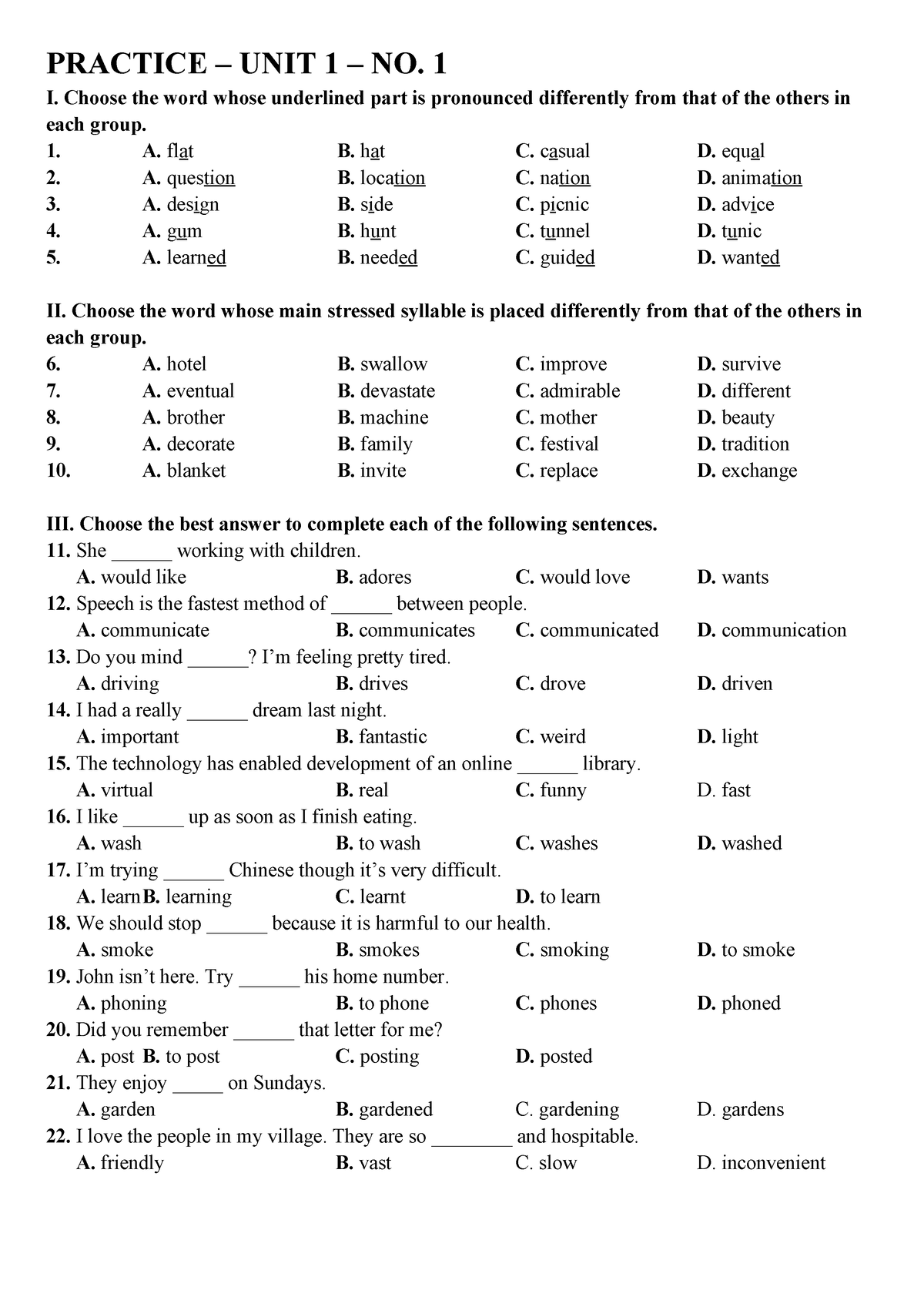 Practice 1 Unit 1 - PRACTICE – UNIT 1 – NO. 1 I. Choose The Word Whose ...