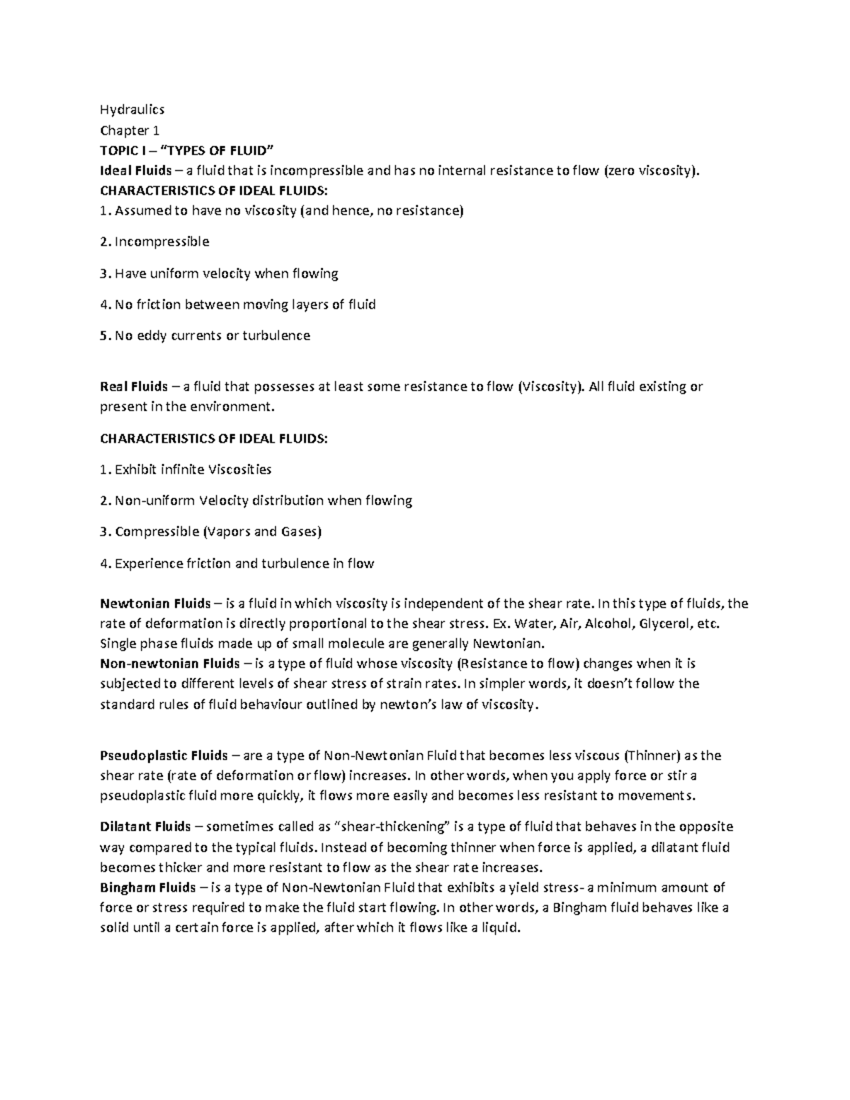 Review Hydraulics - Hydraulics Chapter 1 TOPIC I – “TYPES OF FLUID ...