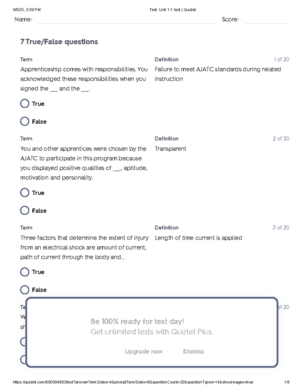 Test Unit 1-1 test - math samples - Name: Score: 7 True/False questions ...