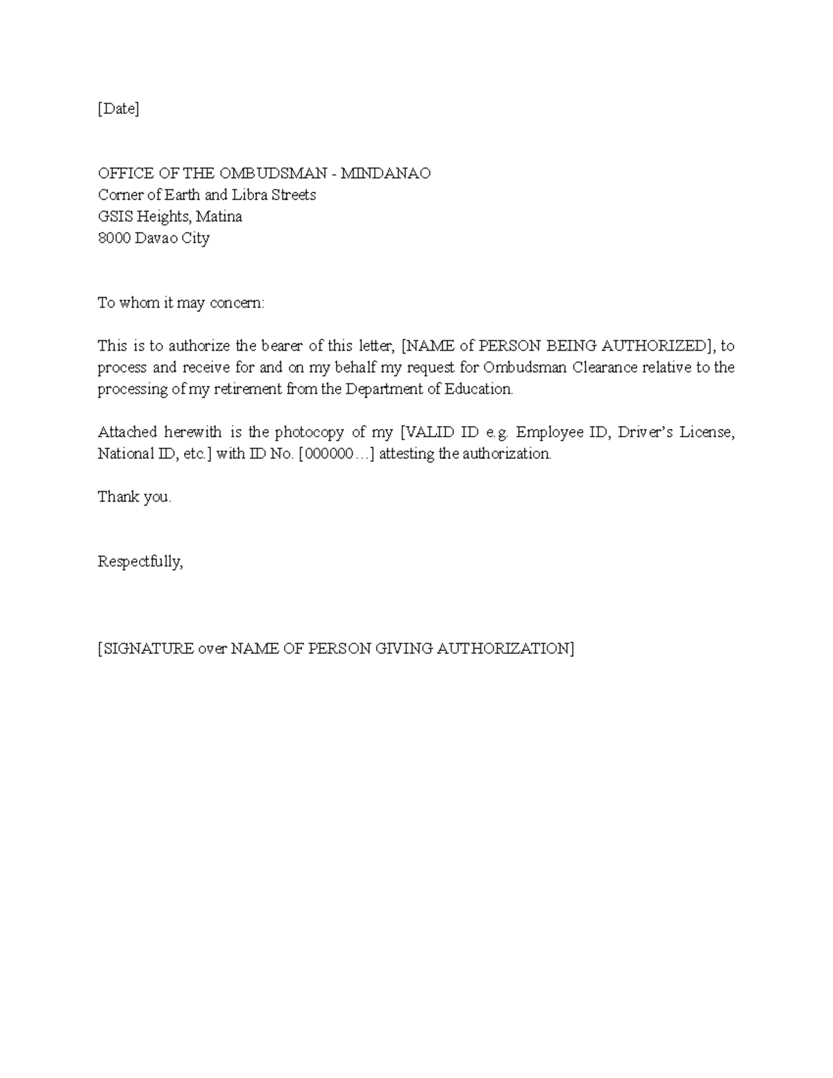 Authorization Letter Date Office Of The Ombudsman Mindanao Corner Of Earth And Libra 0509