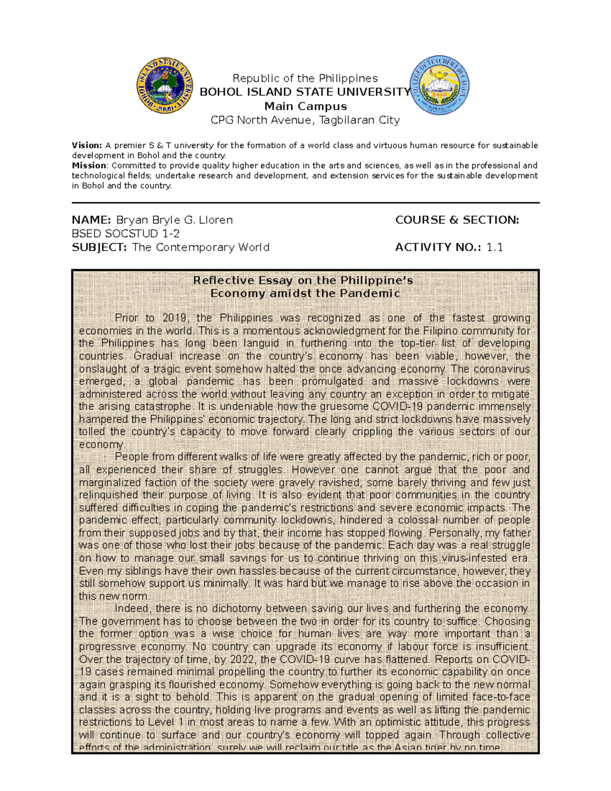 Reflective Essay on the Philippines' Economy Amidst Pandemic - Republic ...