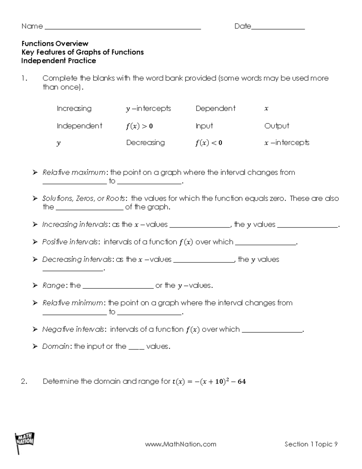 Boris Garcia - Topic 5 Key Features of Graphs of Functions - PDF ...
