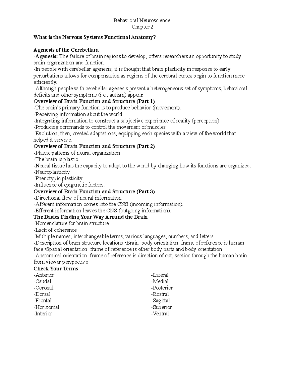 Psy478 Ch. 2 Notes - Chapter 2 What is the Nervous Systems Functional ...