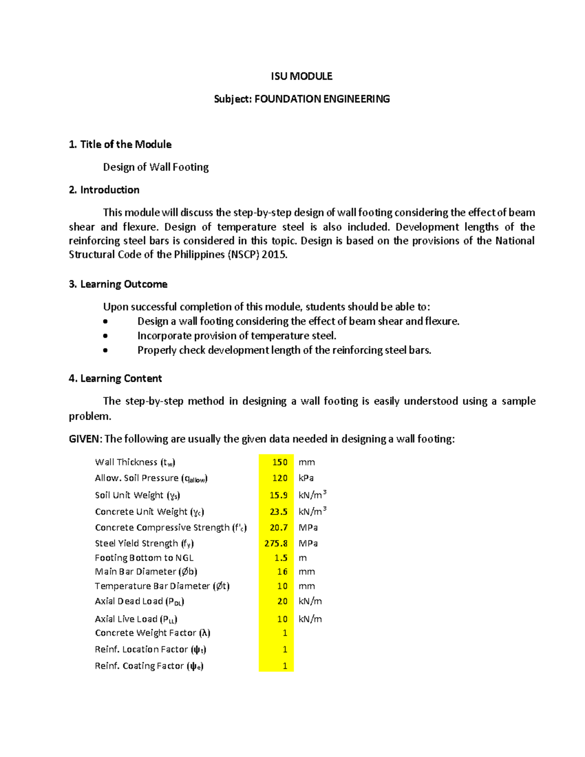 7.Foundation Engg Module 2 - Wall Footing - ISU MODULE Subject ...