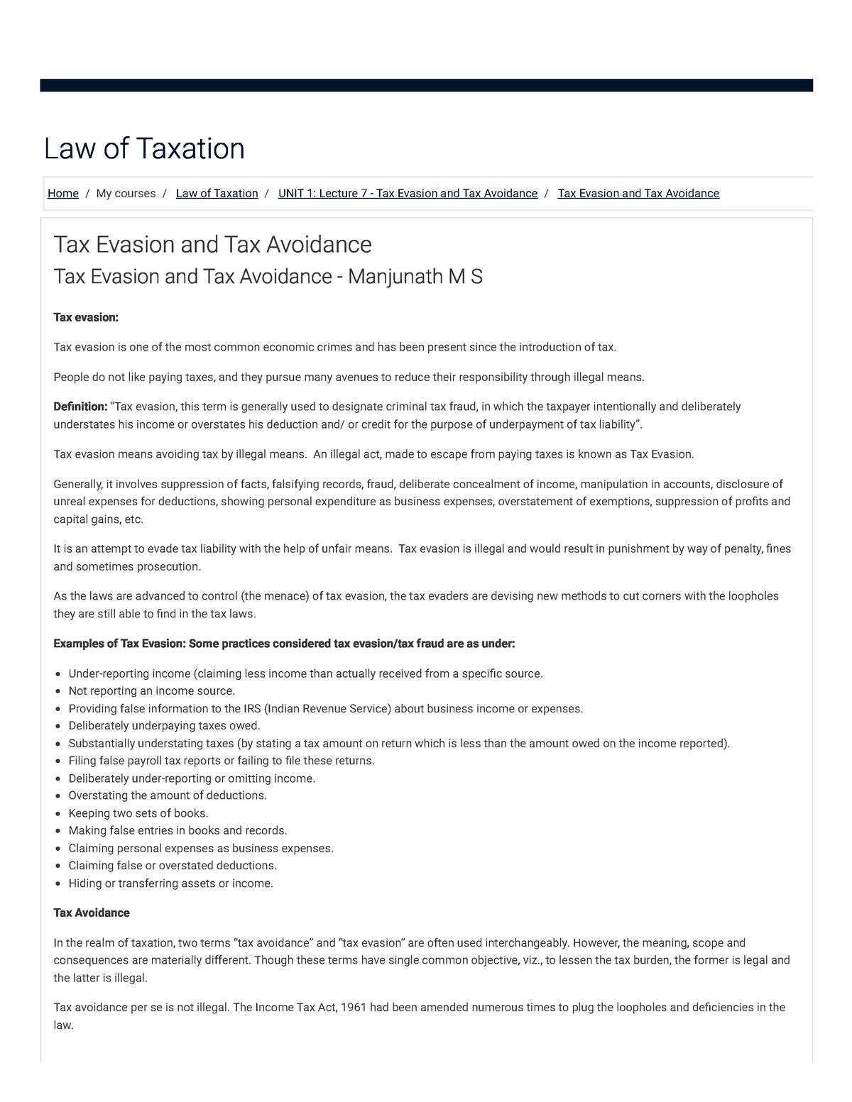 Tax Law Tax Evasion And Tax Avoidance Tax Evasion And Tax Avoidance Manjunath M S Home My 1977