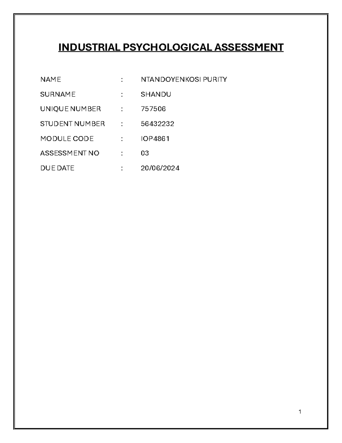 56432232 IOP4861 assessment 3 - INDUSTRIAL PSYCHOLOGICAL ASSESSMENT ...