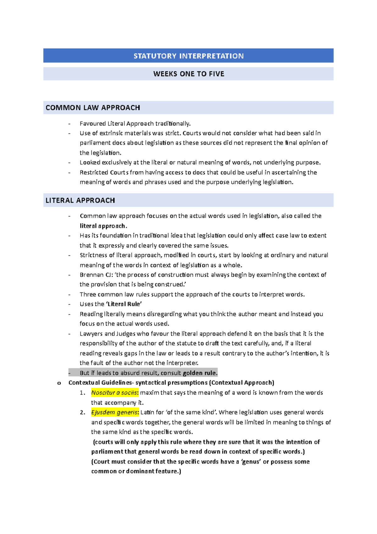 Statutory Interpretation Summary Statutory Interpretation Weeks One Statutory Interpretation Summary Statutory Interpretation Weeks One