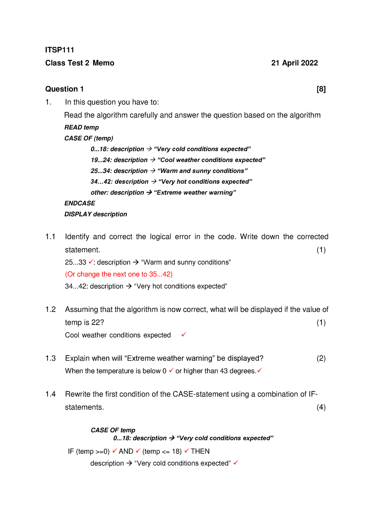 Class Test 2 - 2022 Memo - ITSP 111 TESTS - ITSP Class Test 2 Memo 21 ...