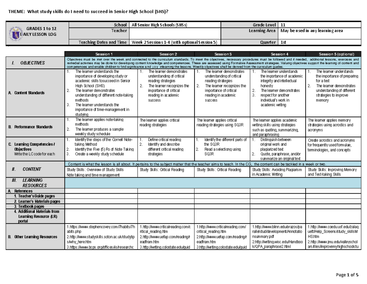 SHS DLL Week 2 Teacher PH - GRADES 1 to 12 DAILY LESSON LOG School All ...