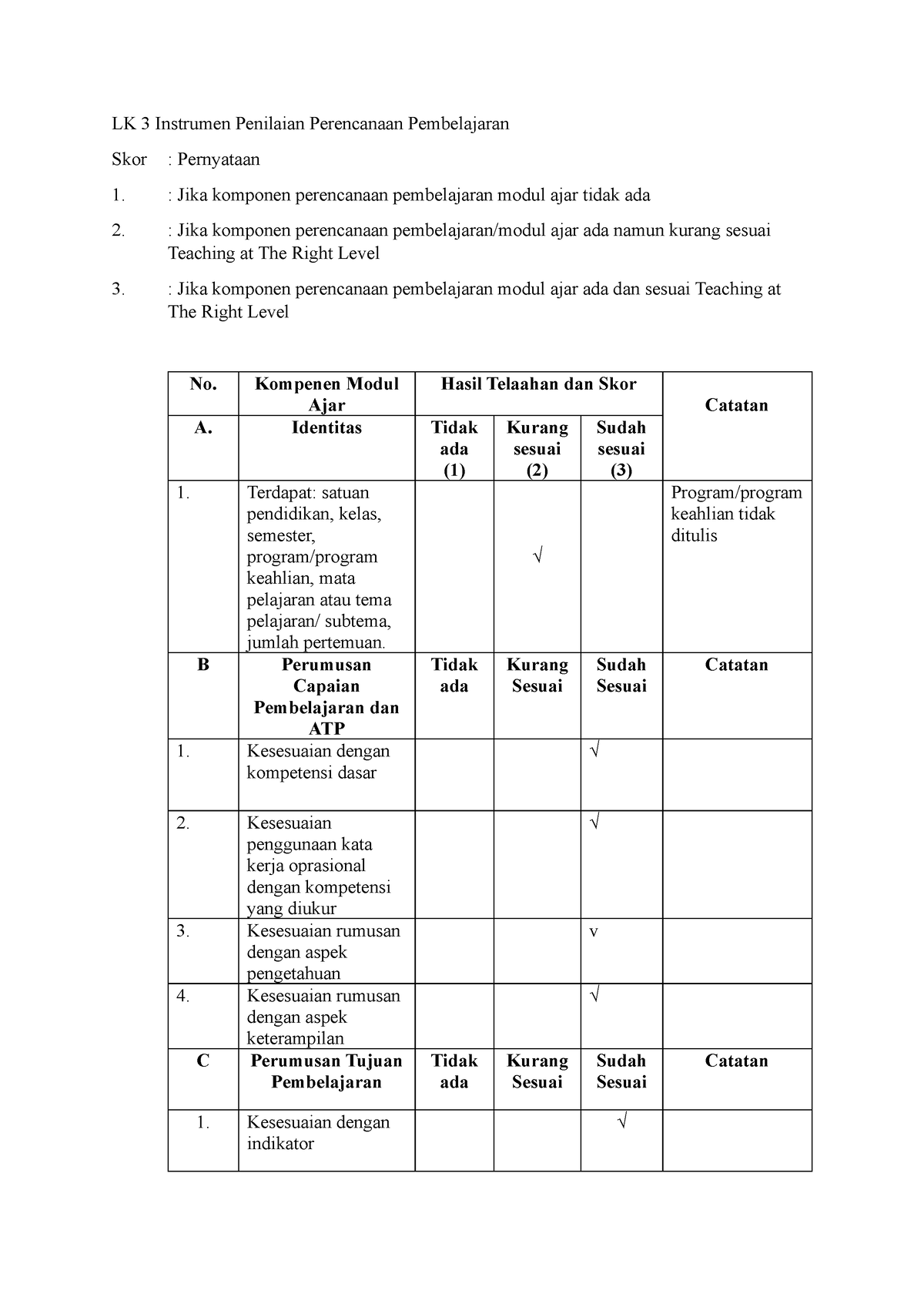 LK 3 Instrumen Penilaian Perencanaan Pembelajaran - Kompenen Modul Ajar ...