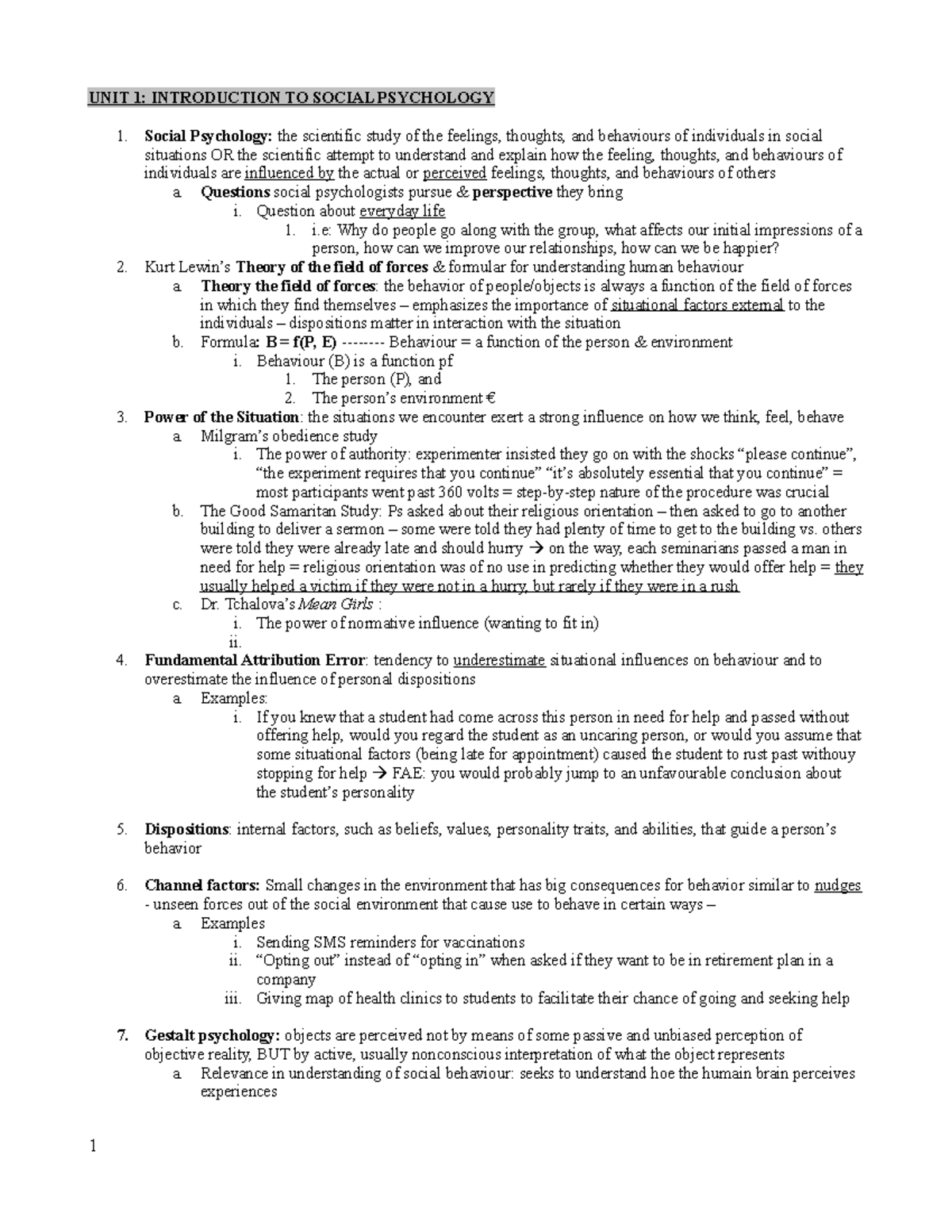 Study guide Exam 1 Psych 215 - UNIT 1: INTRODUCTION TO SOCIAL ...