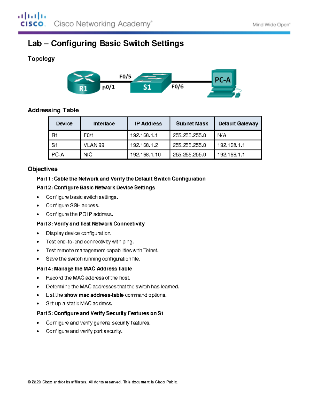 Lab 7 - Topology Addressing Table Device Interface IP Address Subnet ...
