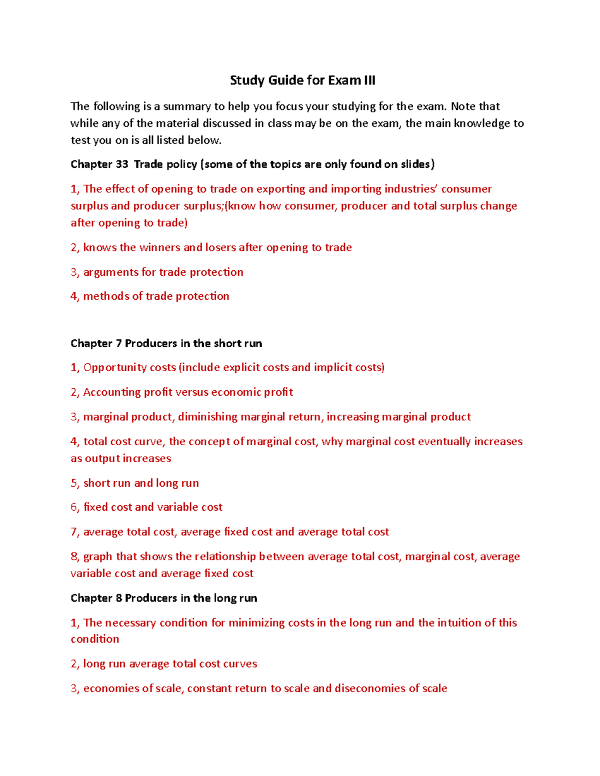 Study Guide for Exam III sec1 - Study Guide for Exam III The following ...