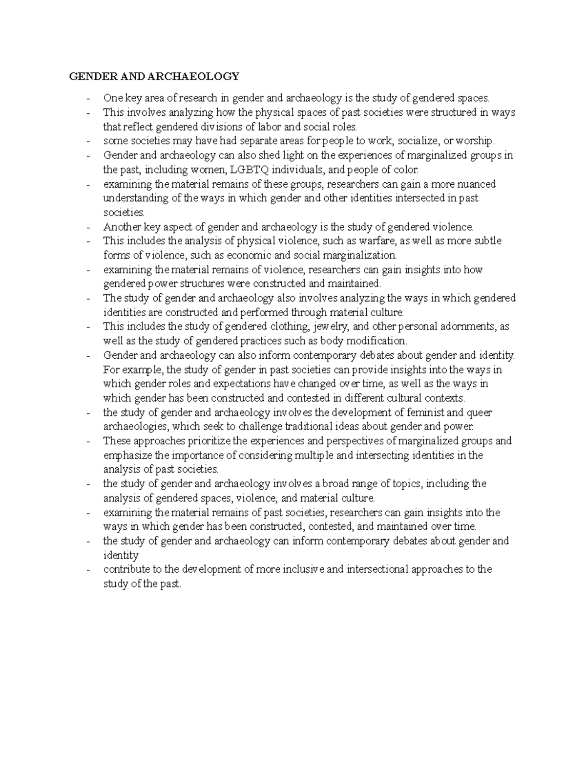 Gender AND Archaeology Notes 2 GENDER AND ARCHAEOLOGY One key area of