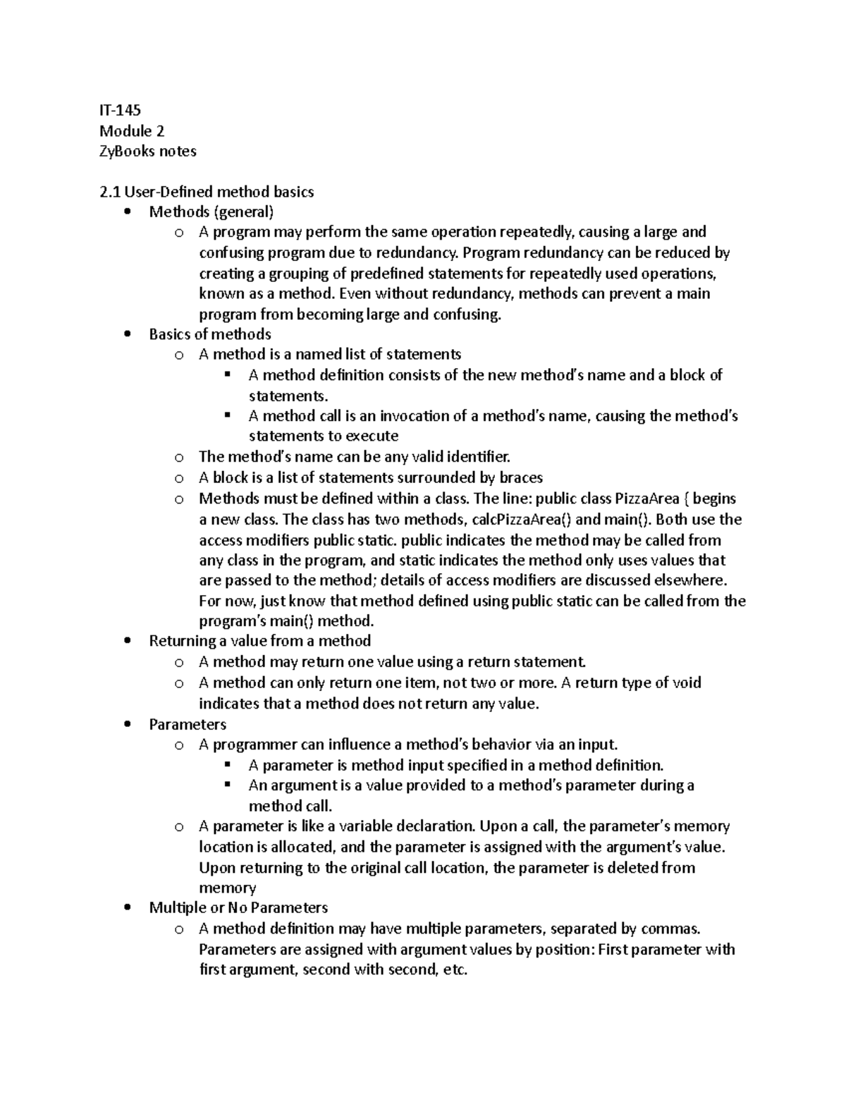 Module 2 Notes - IT- Module 2 ZyBooks notes 2 User-Defined method ...