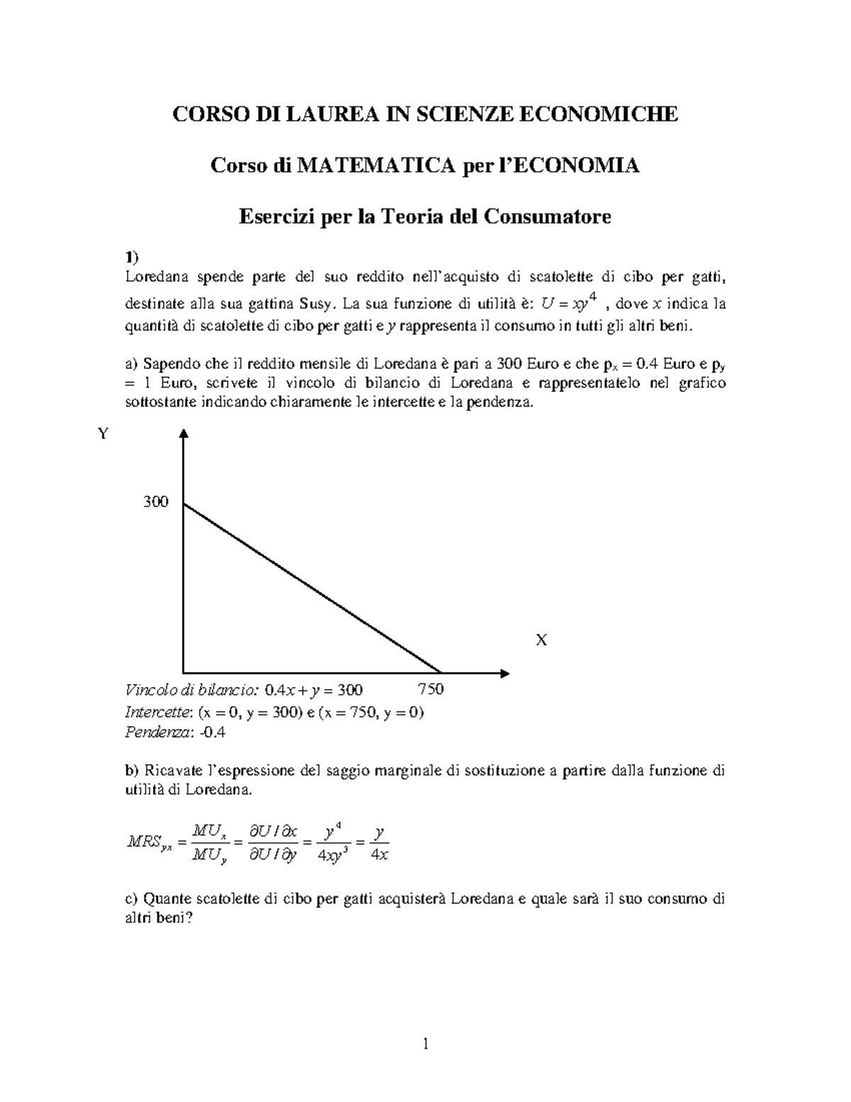 Esercizi Con Soluzioni Paniere Ottimo Domanda Inversa Economia Studocu