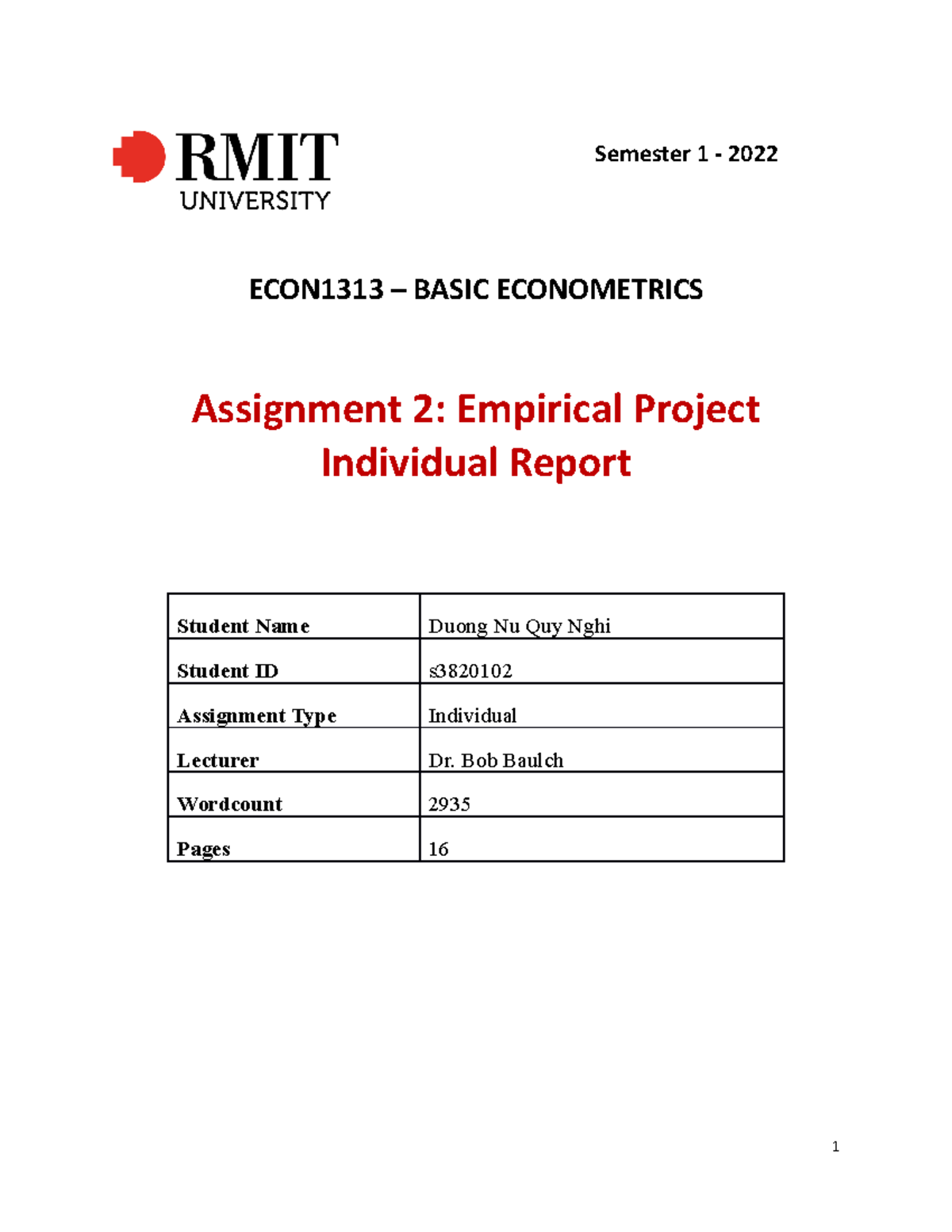 econometrics assignment example