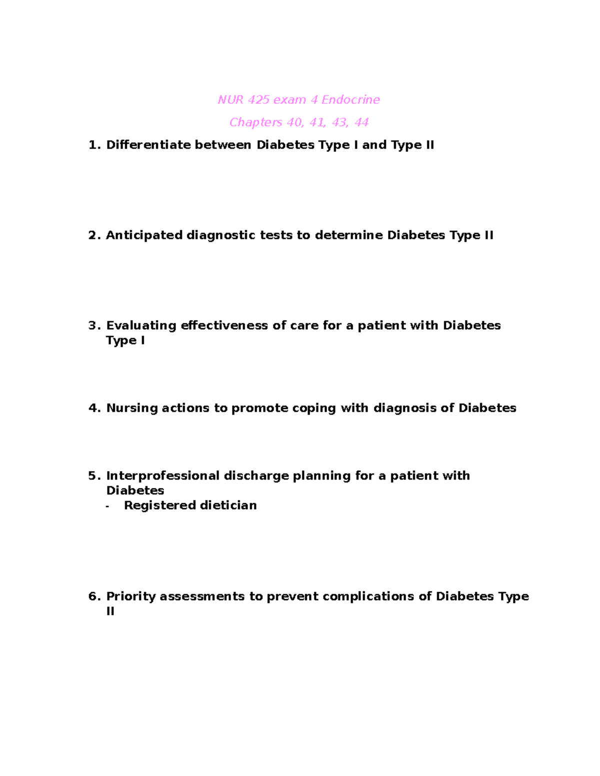 Med Surg Exam 4 Sg - Endocrine Noted - NUR 425 Exam 4 Endocrine ...