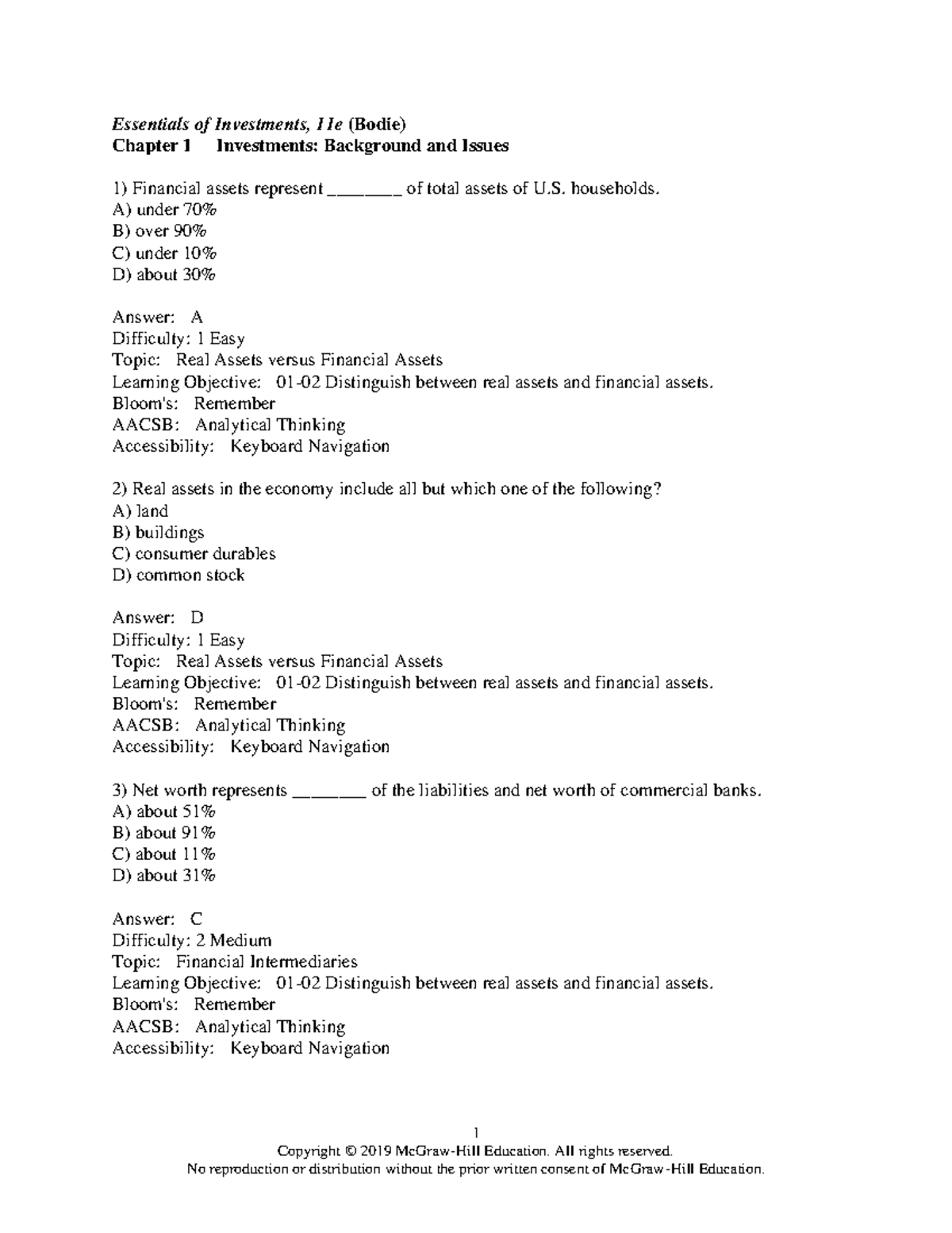 Bodie 11e Chapter 01 TB Answer Key - 1 Copyright © 2019 McGraw-Hill ...