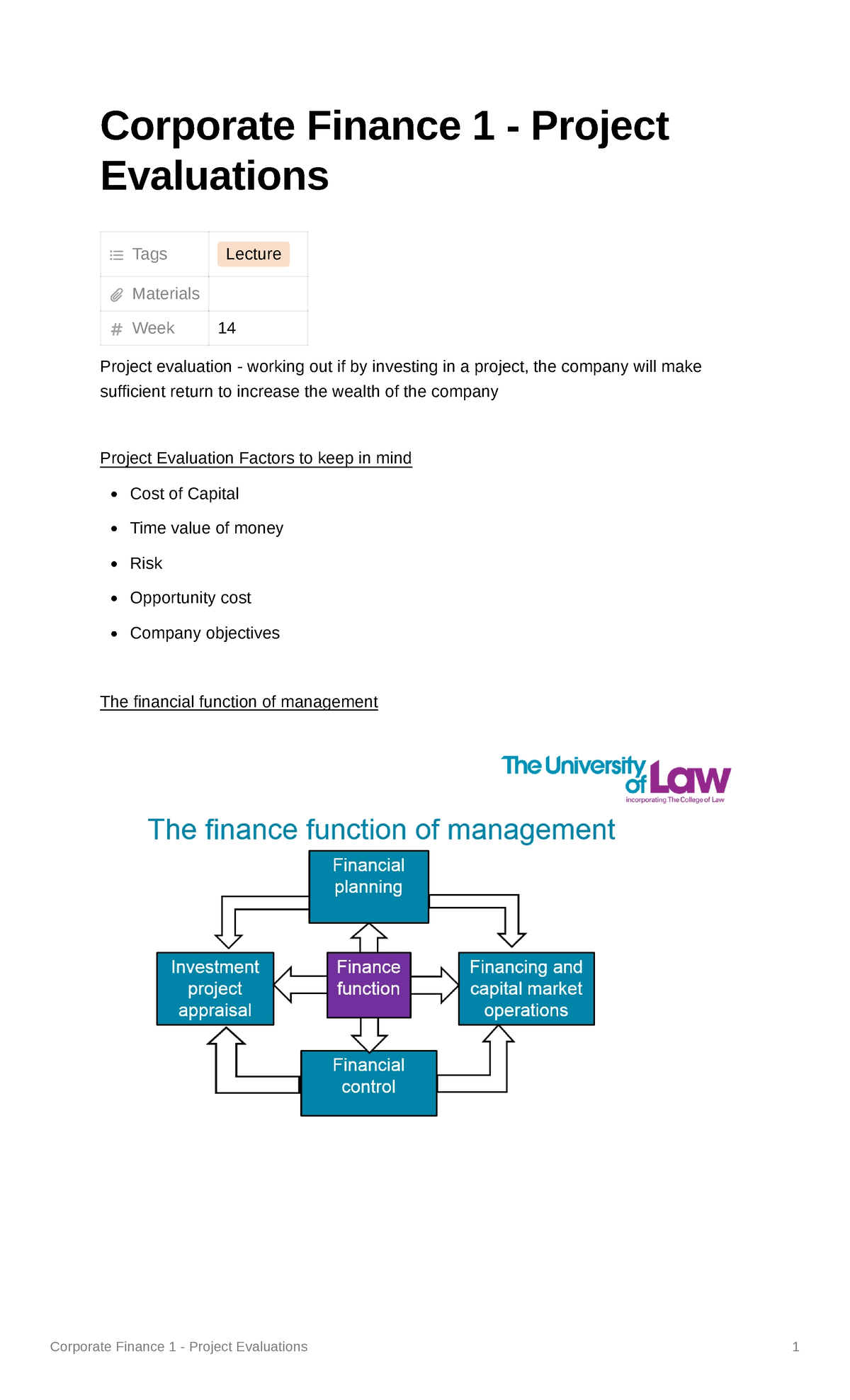 CP1 - Evaluations - Notes from lecture - Corporate Finance 1 - Project ...