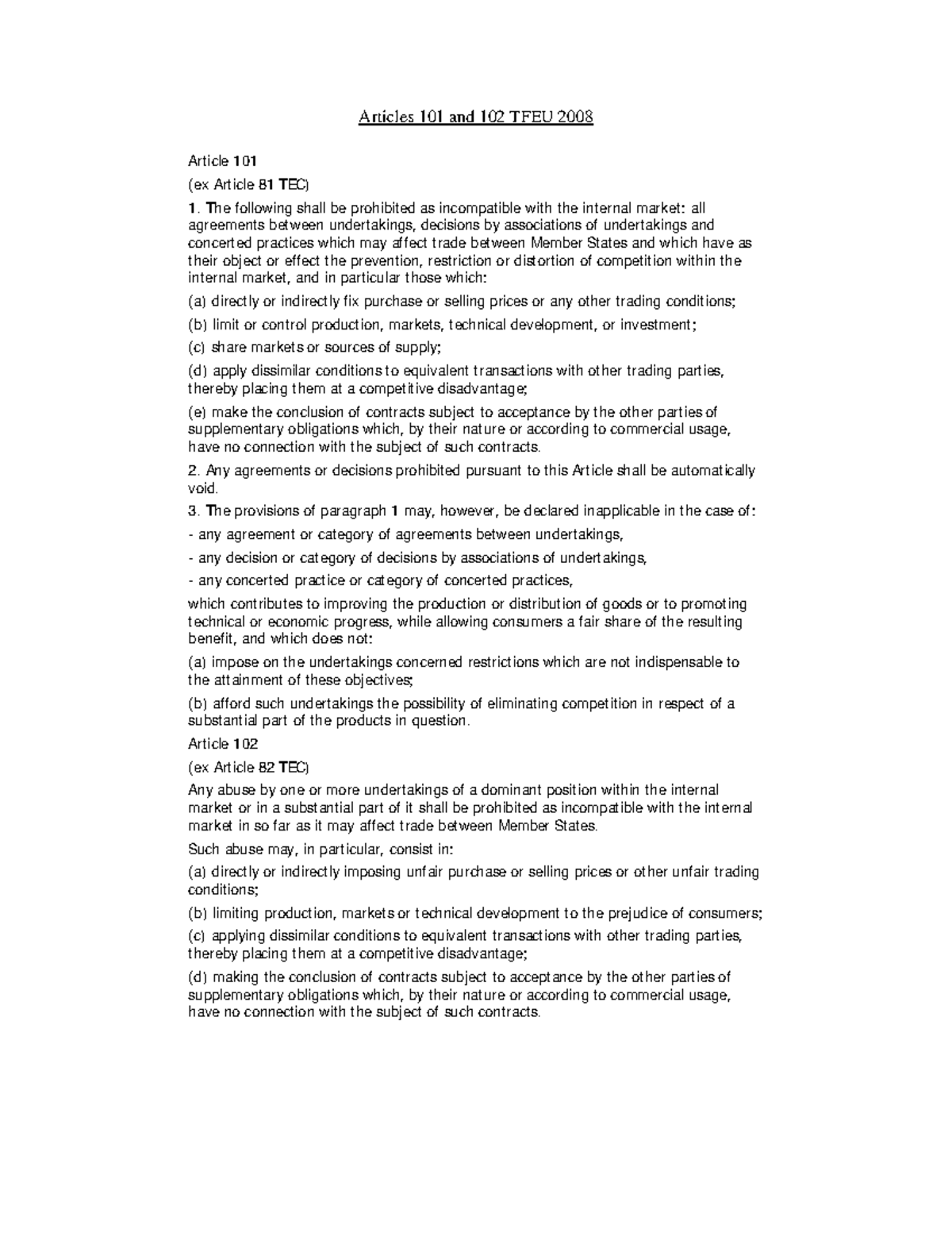 Articles 101 and 102 - Eu law - Articles 101 and 102 TFEU 2008 Article ...