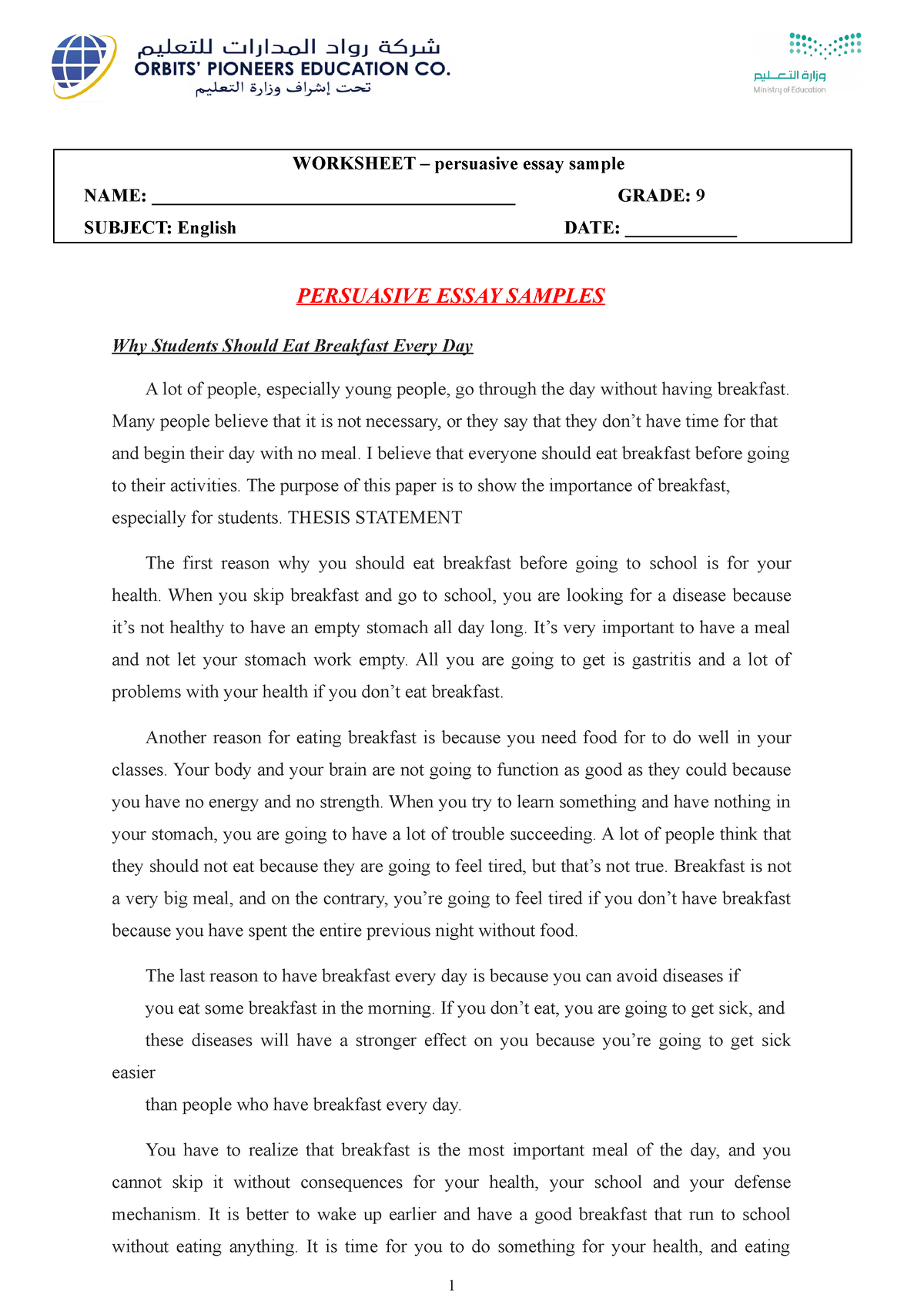 Persuasive Essay Samples Worksheet Grade 9 WORKSHEET Persuasive 