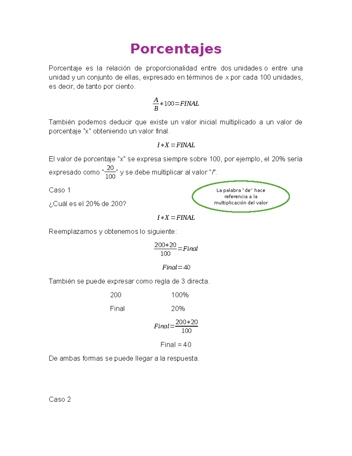 Folletos - Breves concepto y ayuda matemática. - Porcentajes Porcentaje