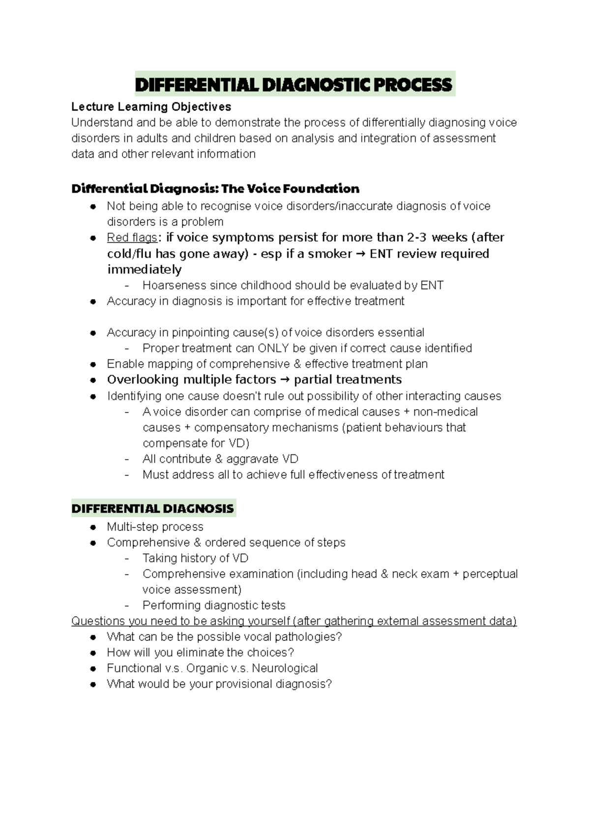 W5 L1 Differential diagnostic process DIFFERENTIAL DIAGNOSTIC PROCESS