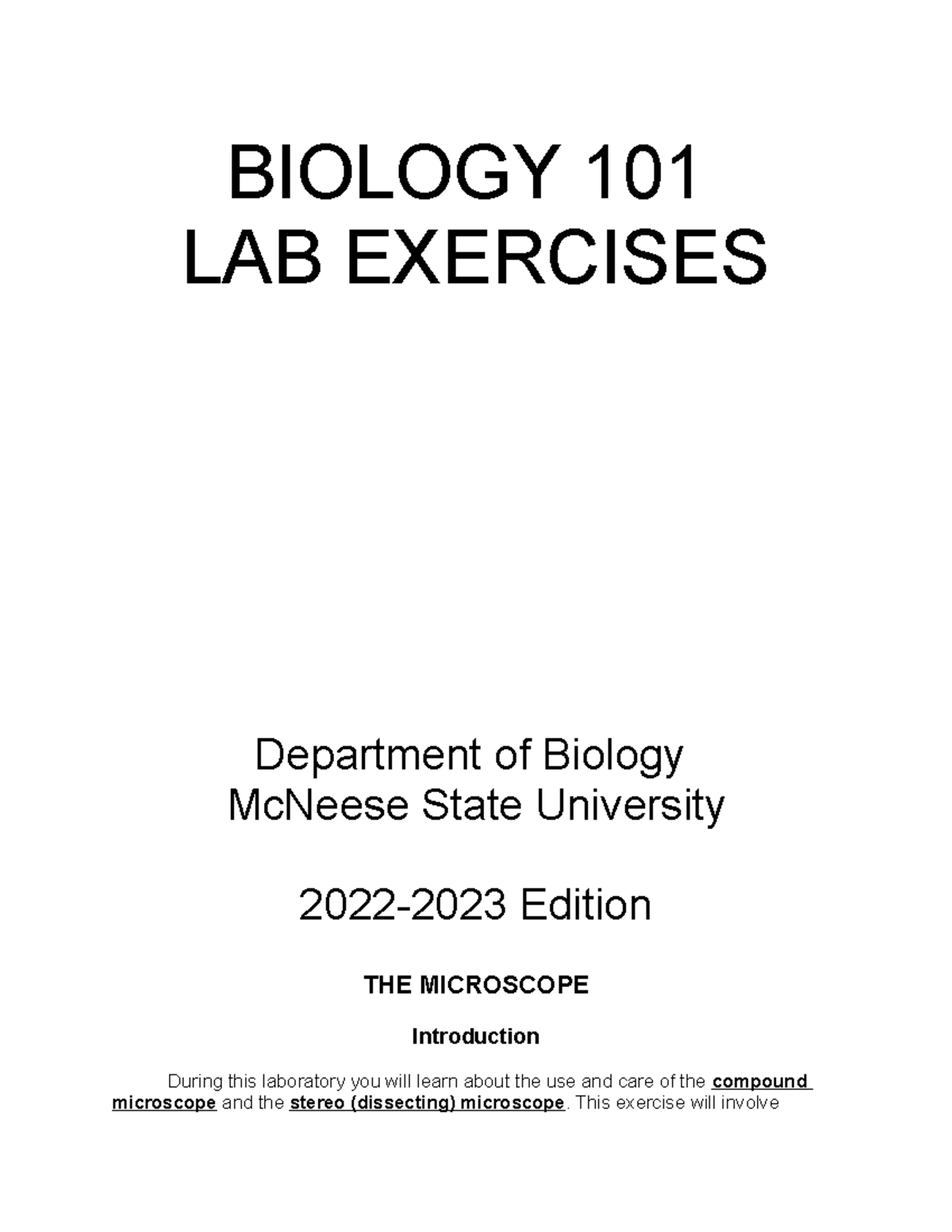 Biol101 Lab Manual 2022 2023 Biology 101 Lab Exercises Department Of