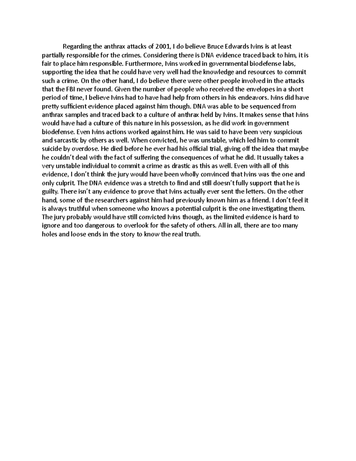 Cta 6a Essay Assignment Regarding The Anthrax Attacks Of 2001 I Do