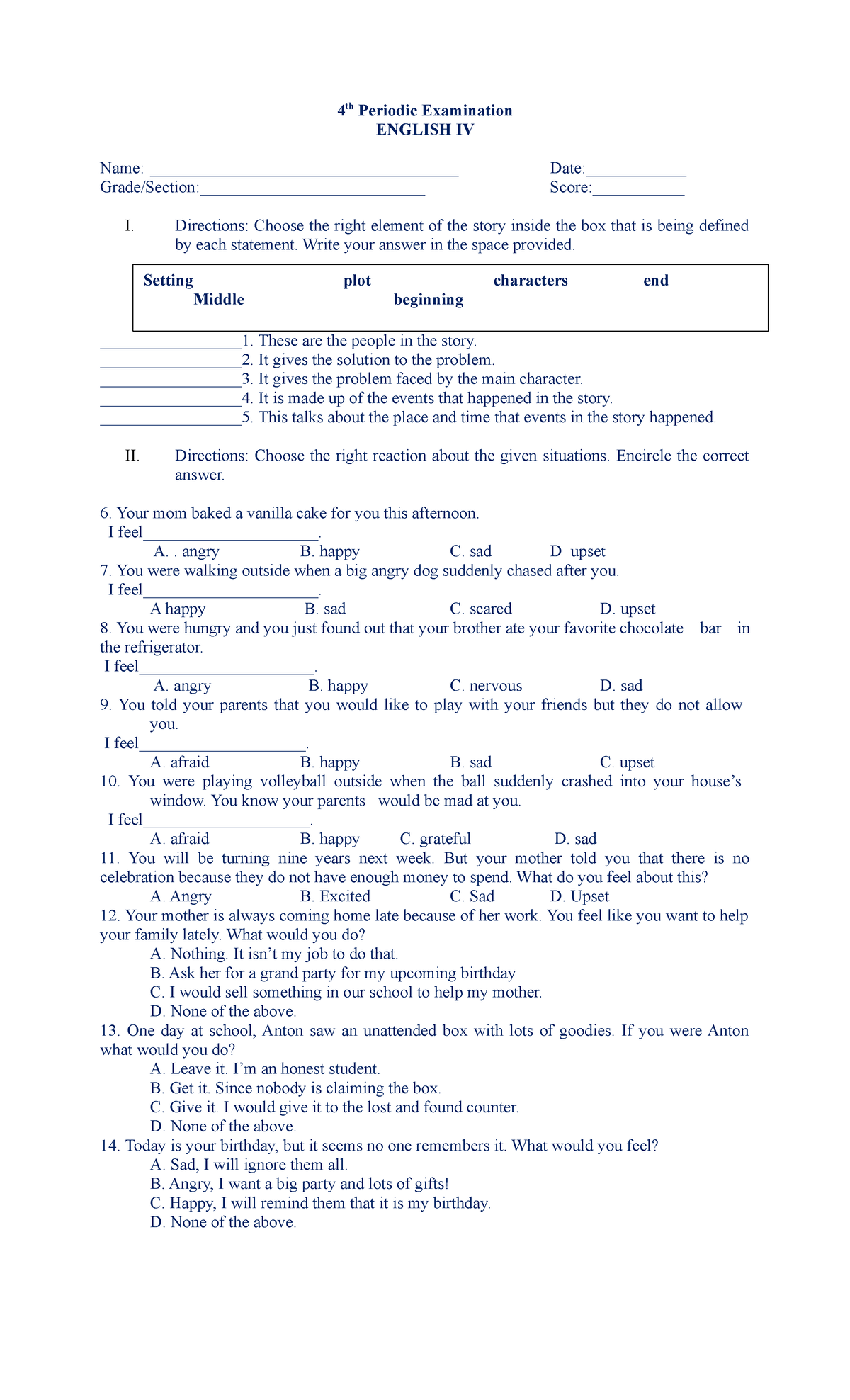 English IV - good - 4 th Periodic Examination ENGLISH IV Name