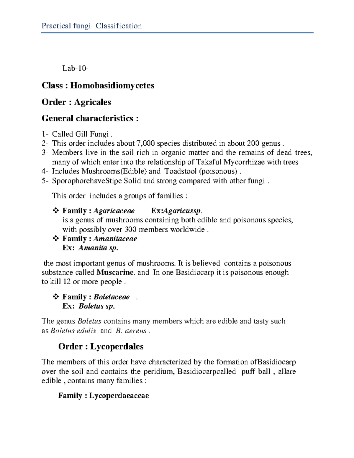 Classification of fungi lab 10 - Lab-10- Class : Homobasidiomycetes ...