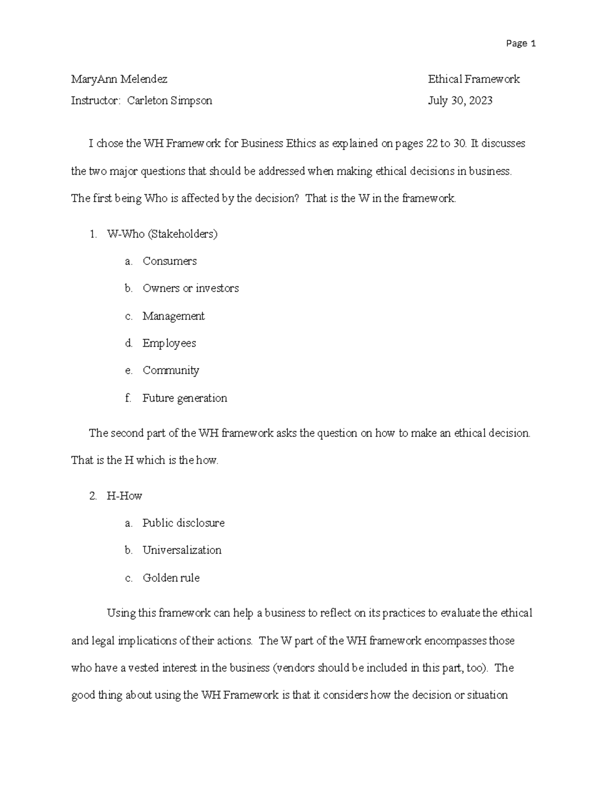 A Framework for Ethical Decision Making - MaryAnn Melendez Ethical ...