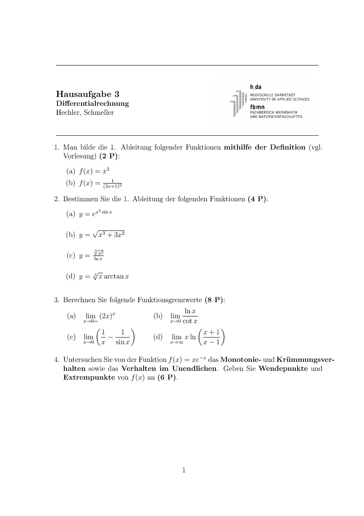 Übung 3 Hausaufgabe - Hausaufgabe 3 Differentialrechnung Hechler ...