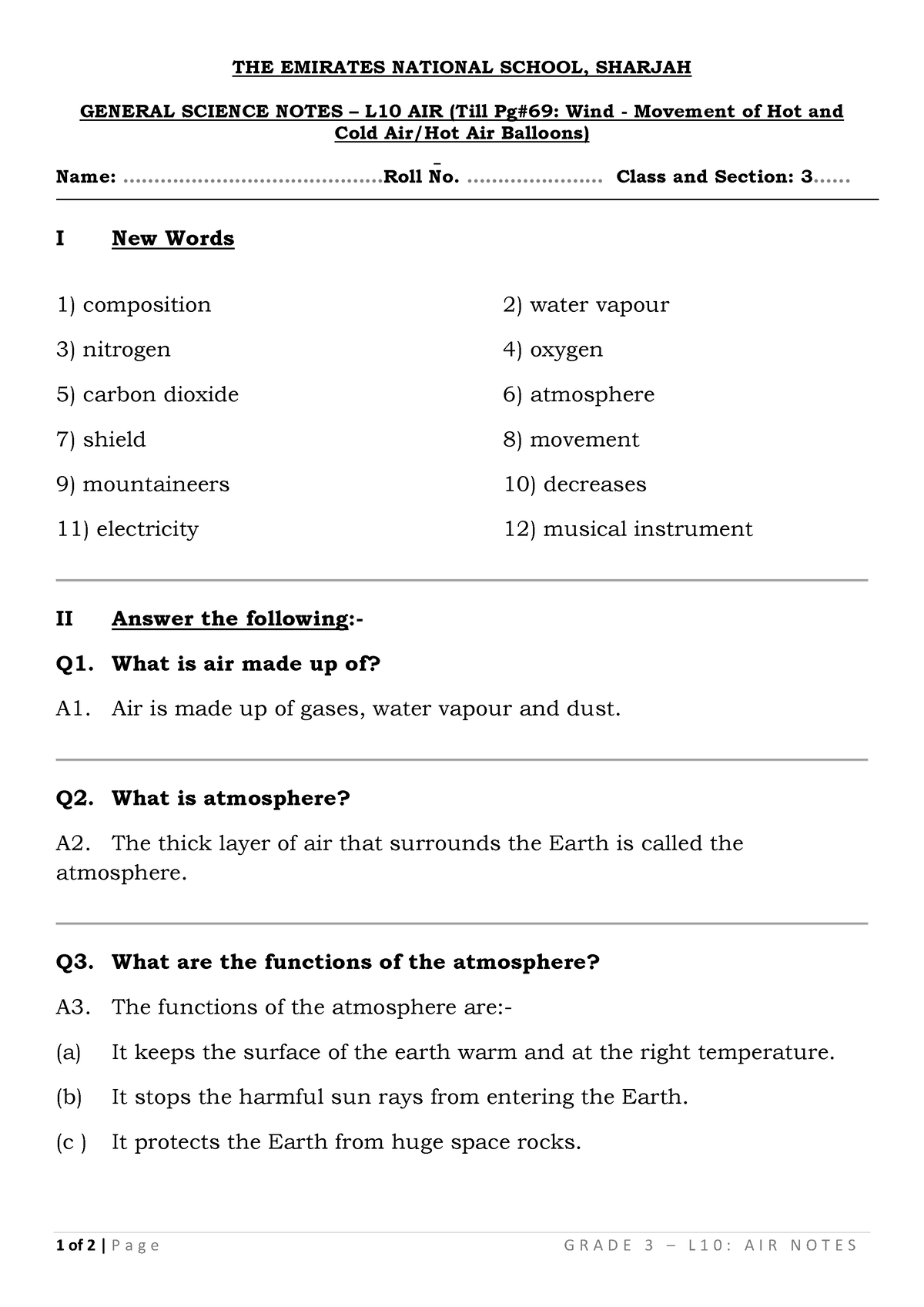 Grade 3 Science Notes L10 AIR - THE EMIRATES NATIONAL SCHOOL, SHARJAH ...