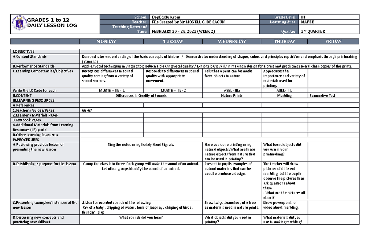 DLL Mapeh 3 Q3 W2 - DLL - GRADES 1 to 12 DAILY LESSON LOG School ...