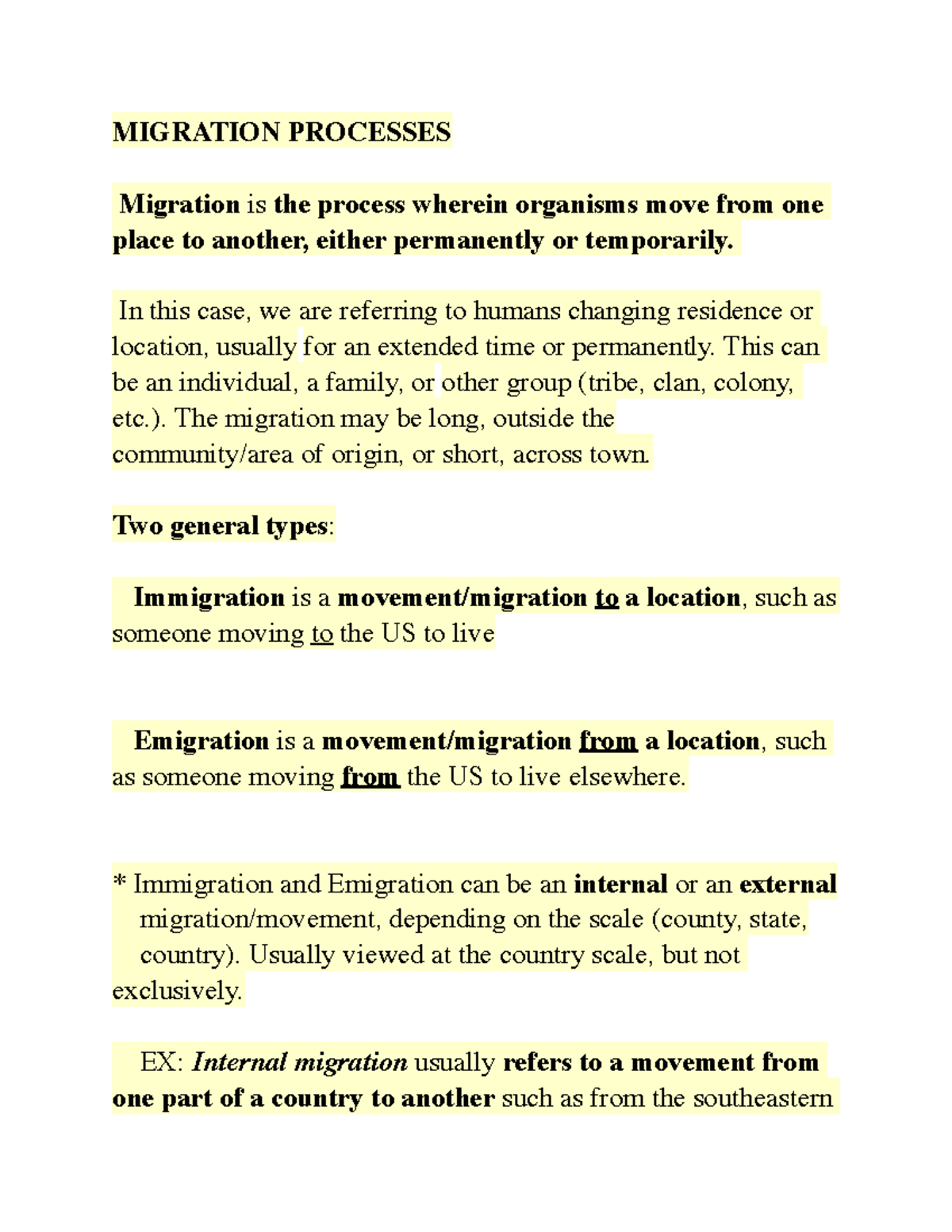 Human GEO 7-11 - notes - MIGRATION PROCESSES Migration is the process ...