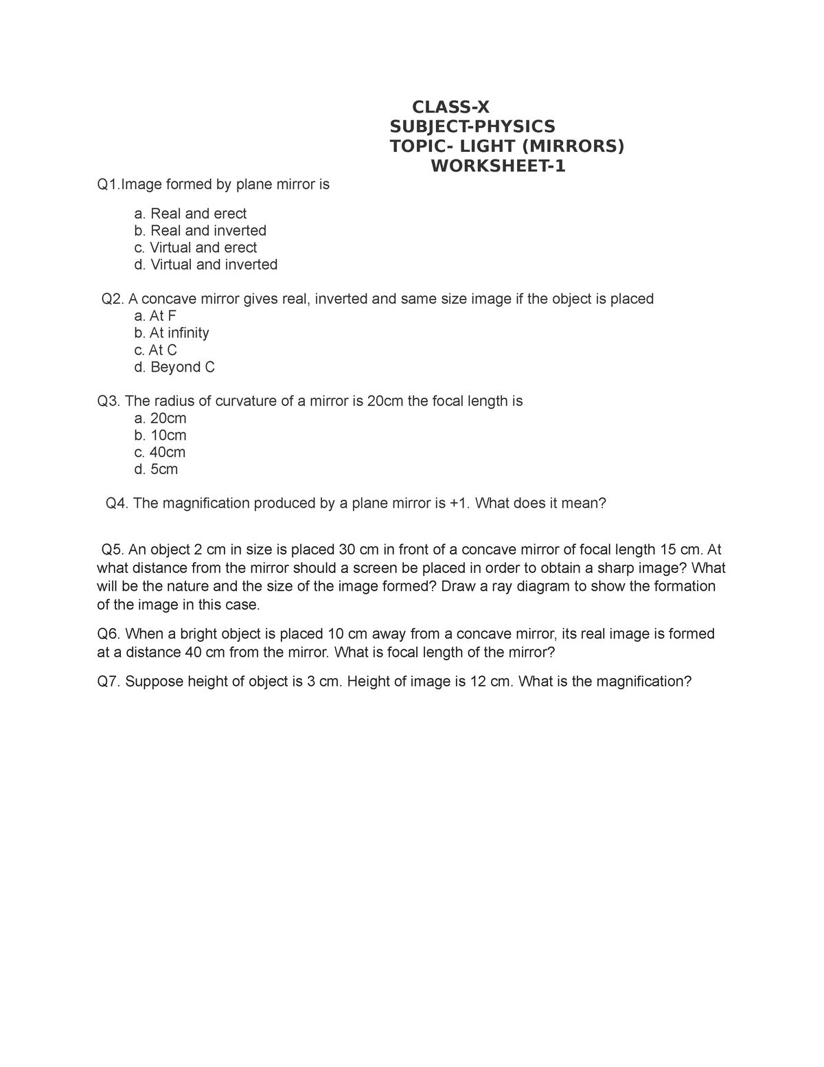 Class 10 light worksheet-1 - CLASS-X SUBJECT-PHYSICS TOPIC- LIGHT ...